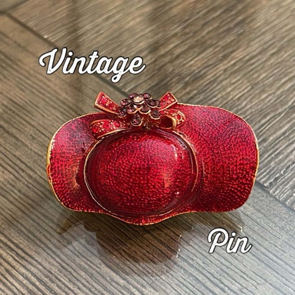 Vintage Red Hat Society Enamel Hat Pin Red Rhinestone Bow Purple Rhinestone Bow